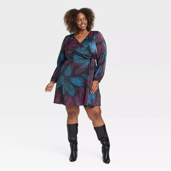 NWT Ava & Viv Balloon Long Sleeve Midi Wrap Dress with Pockets - Picture 1 of 9